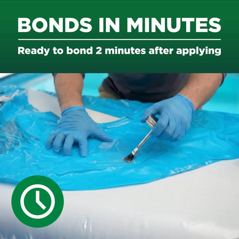 Person applying Industrial Grade Heavy Duty Vinyl Adhesive For PVC And Vinyl Repairs That Bonds Under Water Stays Flexible After Cure