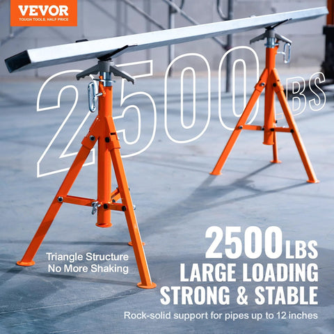 Front view of orange VEVOR pipe stands supporting a metal pipe; steel construction, 2500 lb capacity.
