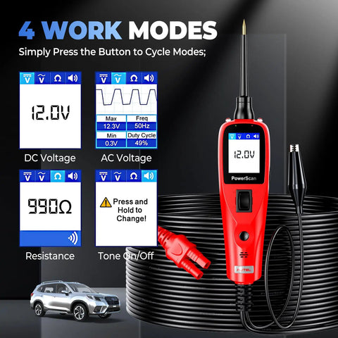 PowerScan Circuit Tester 2026 All In One Pro Kit with 20ft extension cable displaying DC, AC voltage, resistance modes