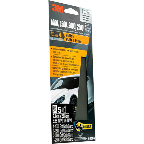 Packaging of Wetordry Sandpaper Kit 3 Pack With Assorted Grits 1000 1500 2000 2500 For Wet Or Dry Sanding Pro Grade Finish Polishing Clear Coat And Paint Defects For Auto Body Garage Ready