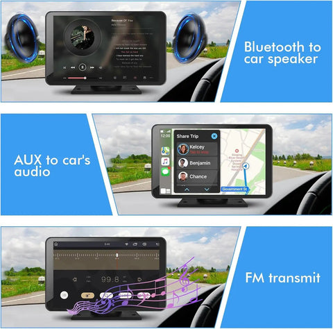 7 Inch Portable Wireless CarPlay Screen For Your Ride showing Bluetooth speaker, GPS navigation, and FM transmit options