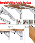 Four Pack Triangle Folding Brackets Built Tough Floating Shelf Support For Wall Mounted Benches And Tables Ideal Space Saving Hardware For Tools White 10 Inch, 8/10/14 inch sizes, showing open and closed position with wooden shelf.