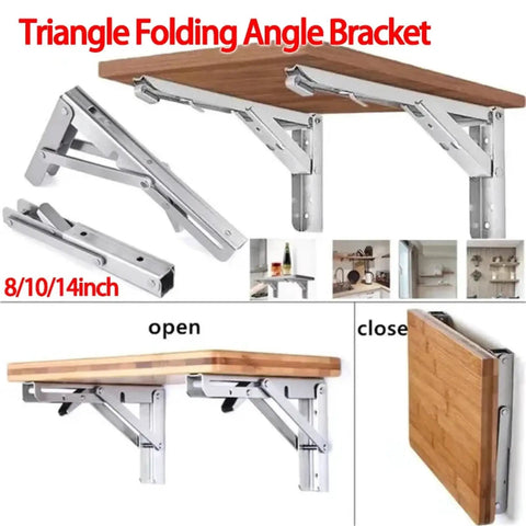 Four Pack Triangle Folding Brackets Built Tough Floating Shelf Support For Wall Mounted Benches And Tables Ideal Space Saving Hardware For Tools White 10 Inch, 8/10/14 inch sizes, showing open and closed position with wooden shelf.