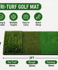 Tri-turf golf mat with three sections: tee turf, rough, and fairway, each with measurements, 1ft by 2ft size.