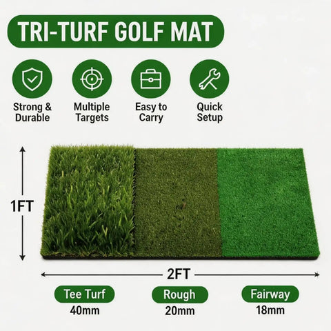 Tri-turf golf mat with three sections: tee turf, rough, and fairway, each with measurements, 1ft by 2ft size.