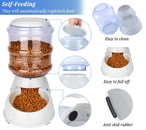 Heavy Duty Automatic Dog Feeder For Large Dogs With 3 Gallon Food Dispenser, Bpa Free Plastic Pet Meal Hub with clear food tank and bowl.