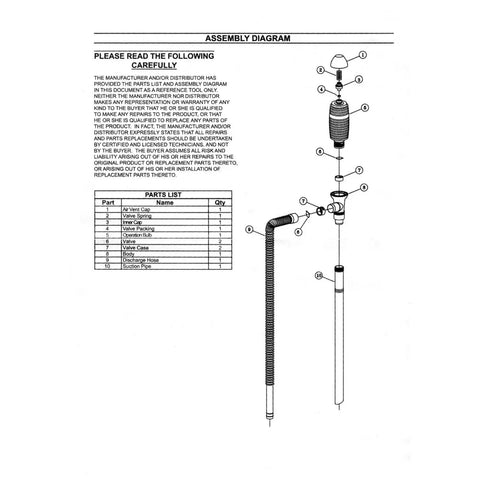 Assembly diagram for Heavy Duty Manual Fuel Transfer Pump And Gasoline Siphon with parts list and instructions.