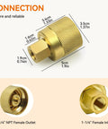 Brass forklift propane tank connector adapter with knurled grip, 1/4 in NPT female outlet and 1-1/4 in female inlet