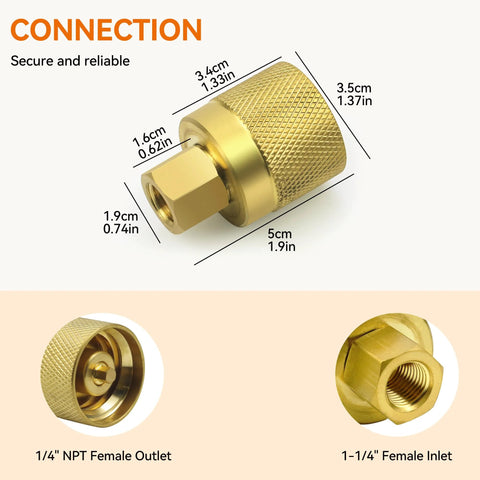 Brass forklift propane tank connector adapter with knurled grip, 1/4 in NPT female outlet and 1-1/4 in female inlet