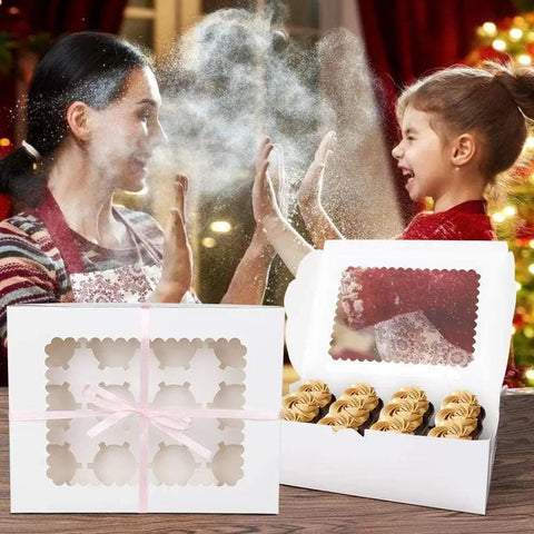 Six Pack Cupcake Boxes That Hold 12 Standard Cupcakes With Clear Windows Food Safe Paper Bakery Carriers on a table
