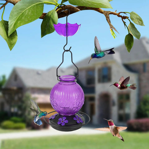 Outdoor Hummingbird Feeder With Perch And Five Flower Feeding Ports 23 Oz Nectar Feeder for Backyard Garden Purple