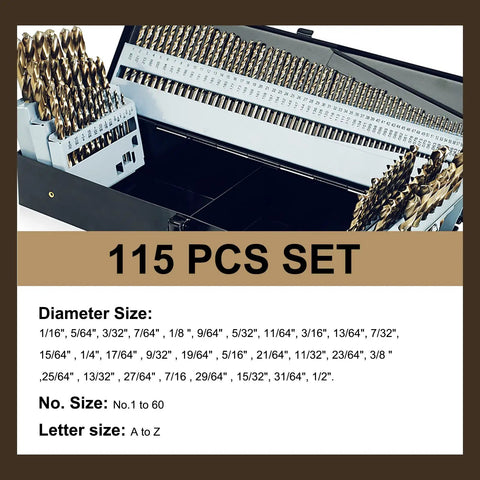 Cobalt Drill Bit Set 115 Piece Set M35 High Speed Steel Twist Jobber Bits For Hardened Steel with Indexed Storage Case