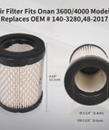 Air Filter for Onan 3600/4000 models, OEM #140-3280, showing detailed dimensions and design.