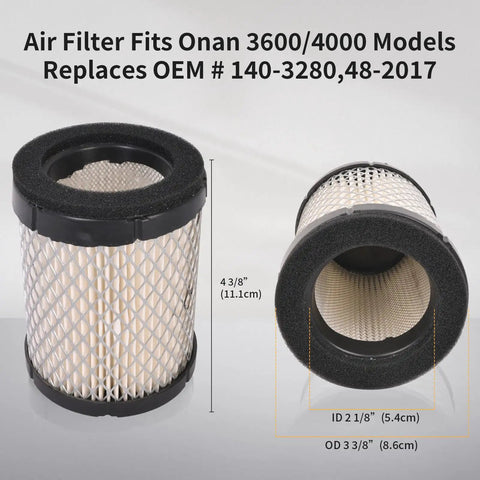 Air Filter for Onan 3600/4000 models, OEM #140-3280, showing detailed dimensions and design.