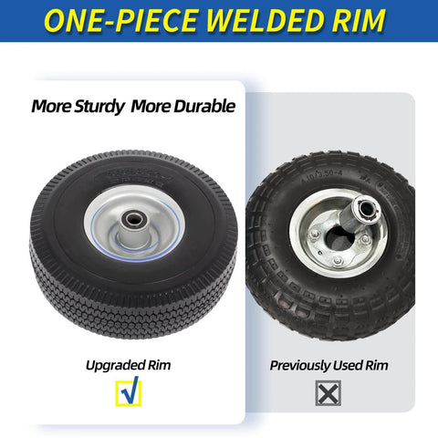 Flat Free 10 Inch Solid Tire Wheel For Hand Trucks Garden Wagons Carts Trolleys And Dollies Replacement 4.10/3.50-4 With 5/8 Inch Axle Bore And 2.2 Inch Offset Hub