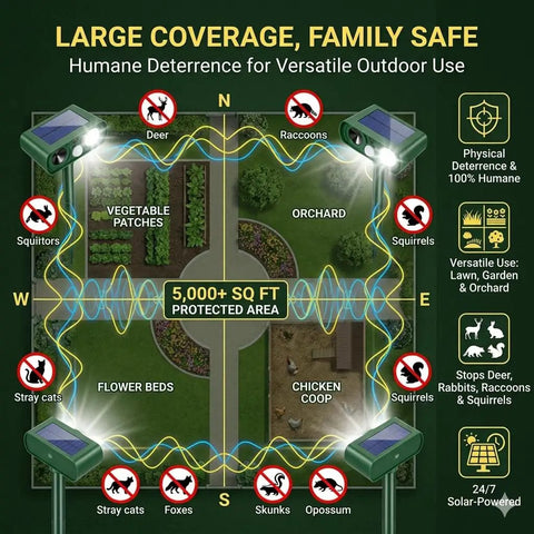 Diagram of 2 Pack Ultrasonic Deer Deterrent Devices With Solar Power, Motion Activated LED Strobe, Outdoor Animal Repellent layout.