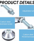 Heavy duty adjustable leveling feet with 2.36 inch base and M12 thread support up to 1300 lb showing carbon steel screw and base.