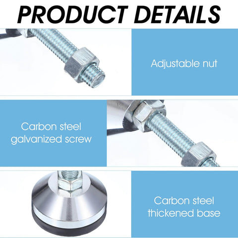 Heavy duty adjustable leveling feet with 2.36 inch base and M12 thread support up to 1300 lb showing carbon steel screw and base.