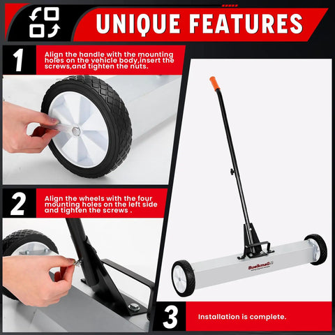 36 Inch Rolling Magnetic Sweeper With Wheels Tackles Nails And Ferrous Debris Fast 55 Lb Heavy Duty Magnet Pickup Long Adjustable Telescoping Handle For Garage And Yard Cleanup