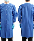 Front and back view of Disposable Lab Coat For Adults Knee Length With Knit Cuffs And Collar, SMS Nonwoven Medical Jacket