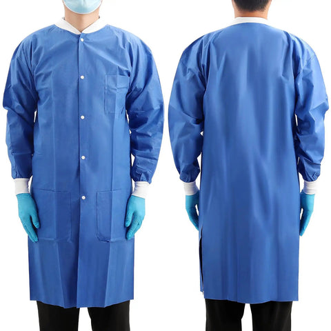 Front and back view of Disposable Lab Coat For Adults Knee Length With Knit Cuffs And Collar, SMS Nonwoven Medical Jacket