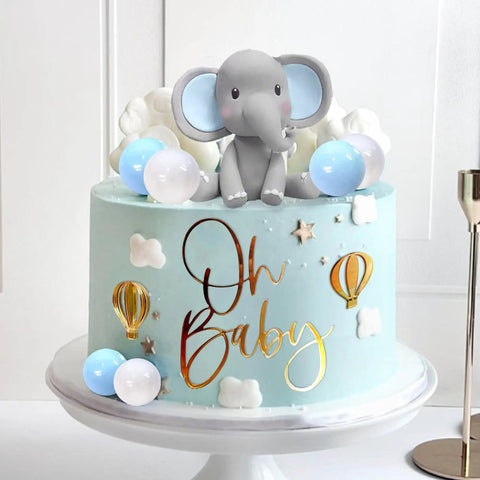 Too Cute Elephant Themed Cake Decor Set For Baby Birthday Cakes With Mini Elephants Blue And White Pearl Balls Hot Air Balloon Accents Oh Baby Cake Topper And Foam Ball Ornaments