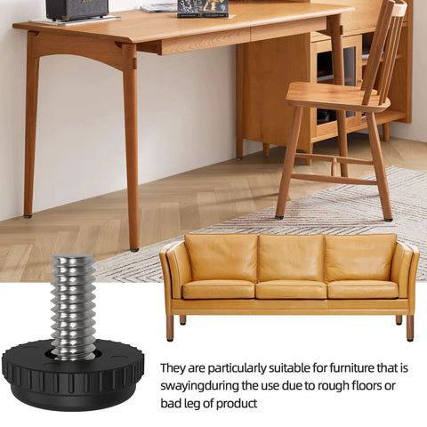 5/16 Inch Thread Leveling Feet Set for stabilizing furniture, shown with desk, chair and close-up of screw-in glide leveler, 304 stainless steel.