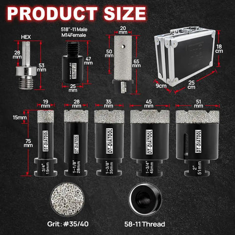 Product size details of Diamond Core Drill Bit Set For Tile And Stone Includes 19mm 28mm 35mm 45mm 51mm Diamond Bits 20mm Finger Bit Two Adapters And Hole Saw For Precise Wet Or Dry Drilling