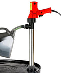 Heavy Duty 2480W Electric Drum Pump with 36 Inch Stainless Steel Tube and 7 Foot Hose above black drum and jug.