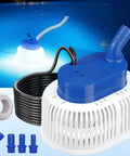 All Weather Navy Pool Cover Pump With Lights, Submersible Sump Pump for Above Ground Pools, 850 GPH, hose and adapters