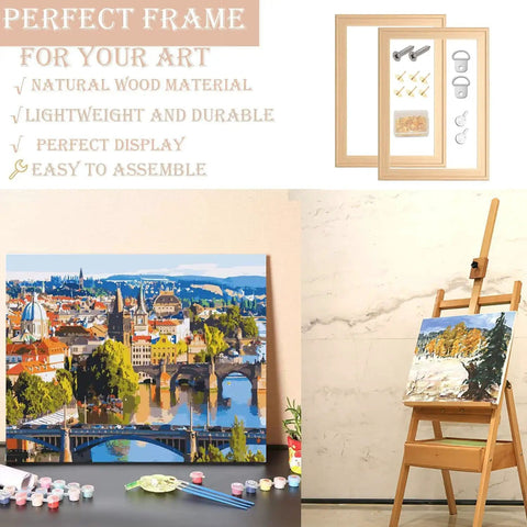Two Pack 16 By 20 DIY Wood Canvas Stretcher Bars Set For Stretched Canvas Frames showcased with oil paintings on easels