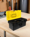 Badass Stackable Plastic Toolbox With Slick Removable Tray And Padlock Buckles To Lock It Down on a wooden surface.