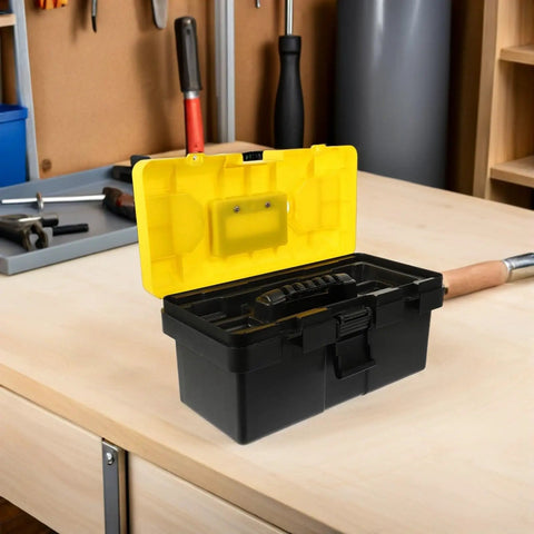 Badass Stackable Plastic Toolbox With Slick Removable Tray And Padlock Buckles To Lock It Down on a wooden surface.