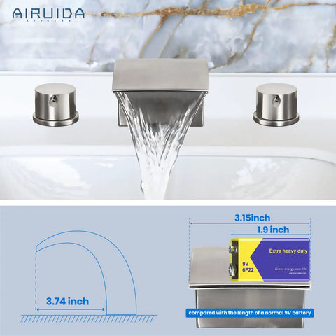 Waterfall Roman Tub Faucet with 3 Hole Widespread Mount and Dual Handle Bath Filler, Brushed Nickel Finish, shown installed
