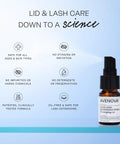 Front view of amber glass 20ml Avenova eyelid and eyelash cleansing spray bottle with pump
