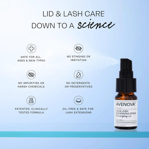 Front view of amber glass 20ml Avenova eyelid and eyelash cleansing spray bottle with pump