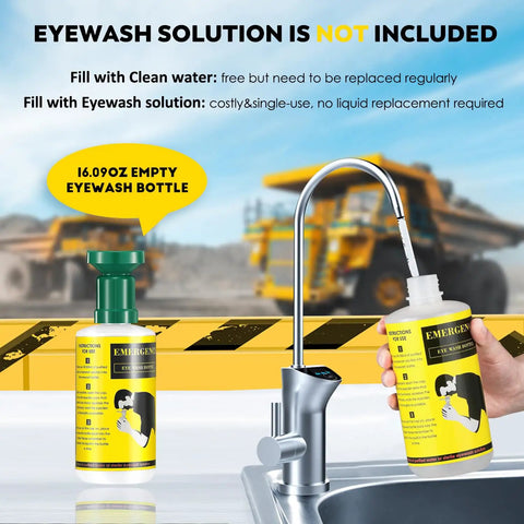 Portable Eye Wash Station Wall Mounted OSHA Approved Emergency Eye Wash Kit With Upgraded Bottle Holder And Larger Mirror Plus Sixteen Point Nine Ounce Bottles No Solution Included Green Cap Ready For Any Spill, 16.09oz empty eyewash bottle shown next to a sink faucet.