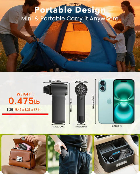 Beast Power Cordless Air Duster in comparison with iPhone, highlighting portable size for easy carrying and storage.