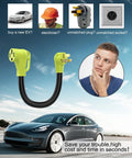 Heavy Duty Nema 10-50 To 14-50R EV Charger Plug Adapter shown with Tesla and Q&A visuals on installation use.