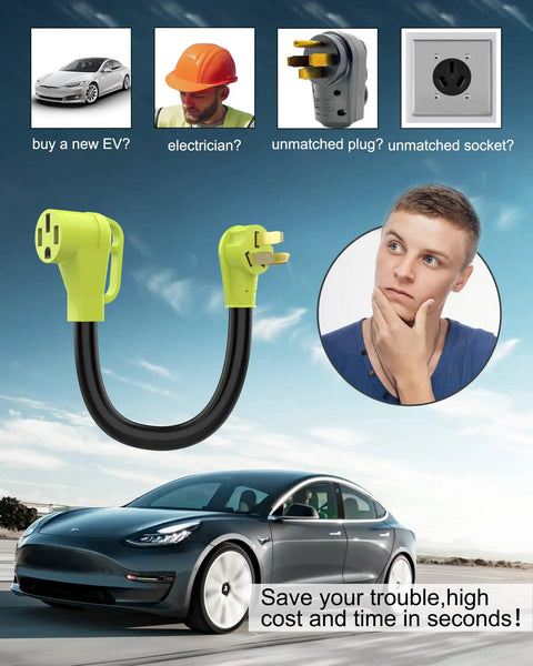 Heavy Duty Nema 10-50 To 14-50R EV Charger Plug Adapter shown with Tesla and Q&A visuals on installation use.