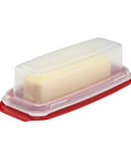 Heavy Duty Butter Dish With Clear Cover That Is Dishwasher Safe Durable Thick Plastic Showing Butter on Red Base