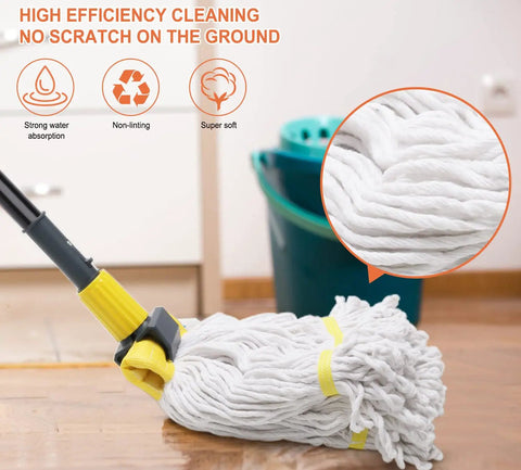 Heavy Duty Commercial Wet Mop With Long 60 Inch Stainless Steel Handle, Looped End Cotton Mop Heads For Floor Cleaning At Home