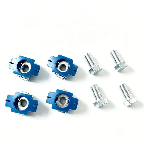 Half Inch Thirteen Thread Strut Channel Nuts And Hex Bolts With Blue Plastic Wing Twist Lock Tabs For Nail The Install Hardware Setup Includes Thirty Six Rock Solid Rack Mounting Pieces.
