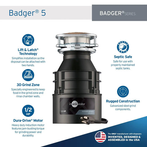 Half Horsepower Continuous Feed Garbage Disposal With Power Cord, Compact Badger Series Food Waste Disposer in black with features.