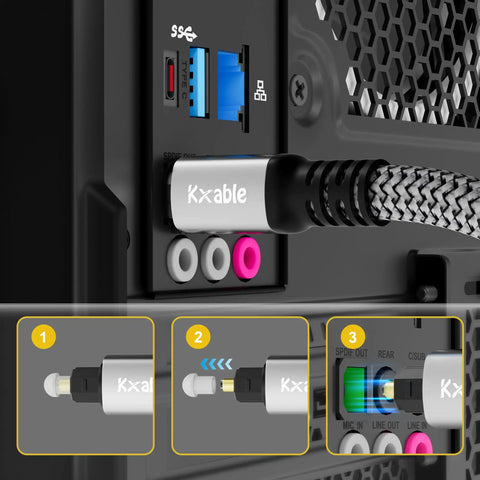 Premium 50 Ft Optical Audio Cable Heavy Duty Digital Toslink Fiber Cord connected to an AV receiver's audio port.