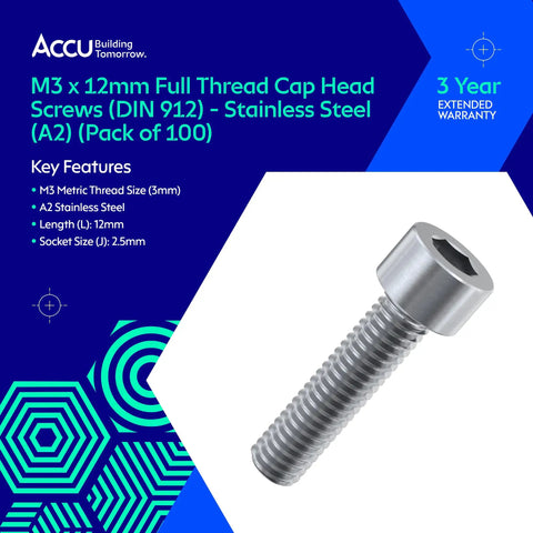 Built Tough Pro Grade M3 By 12 Millimeter Full Thread Socket Cap Head Screws Din 912 Stainless Steel A2 Metric Fasteners Bulk Pack Of One Hundred showing an individual screw.
