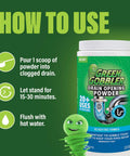 Instructions for using Drain Clog Remover Powder For Kitchen And Bath, Breaks Up Grease Paper Fat And Oil, Septic Safe shown