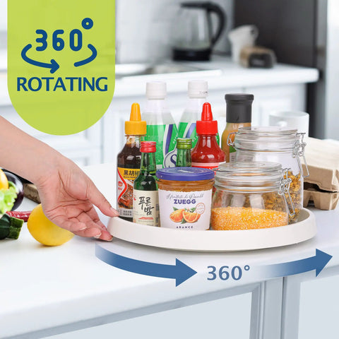 Person rotating 10 inch Lazy Susan with various spice bottles in kitchen, Set Of 4 10 Inch Rotating Lazy Susan Organizer With Non Skid