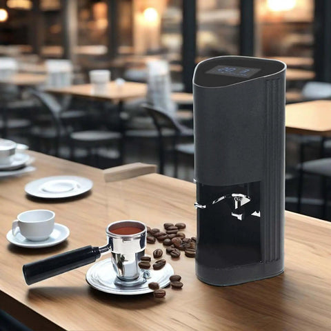 58Mm Led Display Electric Espresso Tamper Nailing Perfect Pressure And Spot On Depth Control Pulling Sick Shots Daily Top Shelf Barista Grade Coffee Press Tool For Pros on a cafe table with coffee beans.