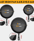 Three-Piece Cast Iron Skillet Set with 6.6, 8.3, 10.5 inch pans, shown with size dimensions and handles